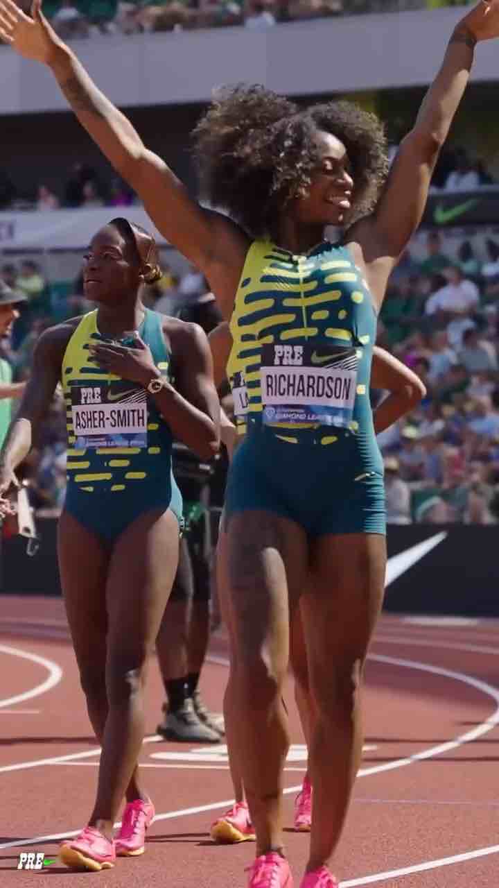 Sha’Carri Richardson doing the stank walk after winning a race.